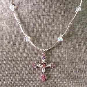 First Communion Gift for Girl - Cross w/ Pink Crystals on AB Beaded Chain - New